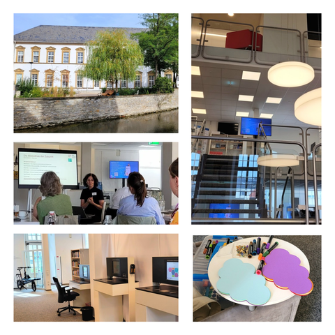 Collage: Impressionen aus der Zentralbibliothek Paderborn (von außen und innen), Eindrücke vom Seminartag
