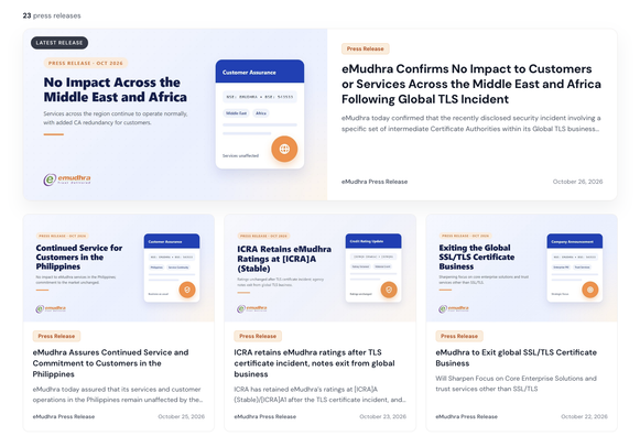 Screenshots of emudhra's press center, showing press releases that underline how stable their business is.