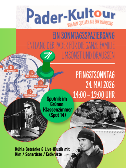 Veranstaltungsflyer mit dem Logo der Pader-Kultour, einem Ausschnitt der Karte, darauf markiert das Grüne Klassenzimmer. Fotos von den MusikerInnen: Kim, Sonartisto und Erdkruste.