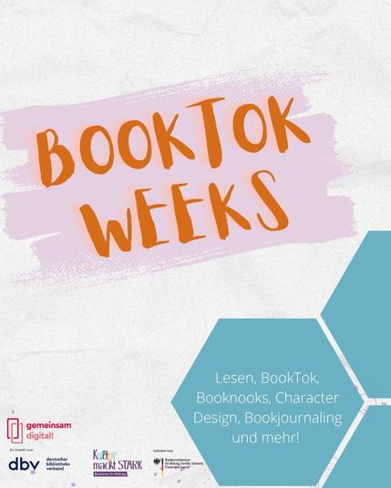 Infografik: "BookTok Weeks" "Lesen, BookTok, Booknooks, Character Design, Bookjournaling und mehr!"